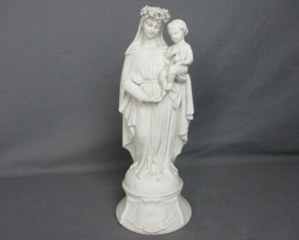 Antique 1900 Bisque Statue Virgin Mary Our Lady Madonna Infant Jesus Exquisite Marked 13.38"