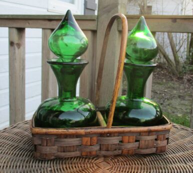two Green Bottles Glass Genie Stopper Decanter in Wicker Basket Decorative