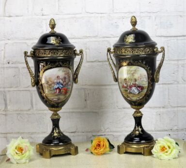 French Large Pair of Vases Cobalt Blue Porcelain Sevres 1950's Marked ACF 17.71"