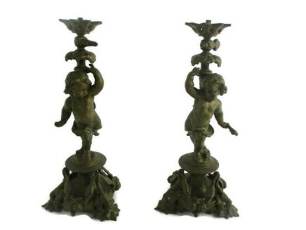 Vintage Couple Candle Holders lamps  Ornate Sitting Angels Cherubs Putti Brass Very Impressive Stylish WOW