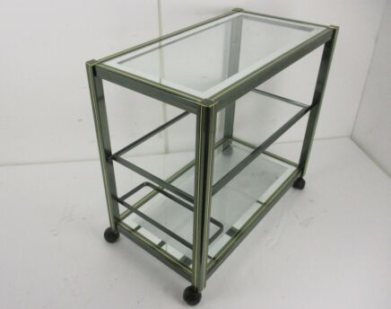 Vintage Design Coffee Table Kitchen Island Three Tier Brass Beveled Glass Glam
