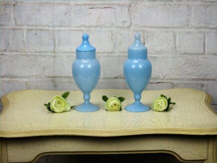 Couple Pair Small Vases with Lid Urn Pate de verre? Heavenly Blue Lovely