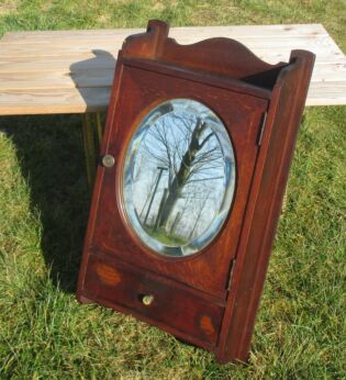Antique French Wooden medicine bathroom Wall Cabinet Oval Beveled mirror
