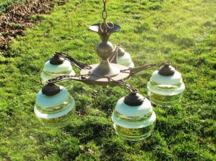 Vintage Green Glass Art Deco Shades Chandelier Ligh Lamp Chandelier Teak Gold