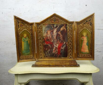 Florentine Wood Triptych Art Panel Christian Scenes Decorative Crucifixion 14"