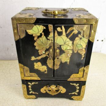 Vintage Wooden Ornate Treasure Chest Trinket Jewelry Box Cabinet Inlay Brass