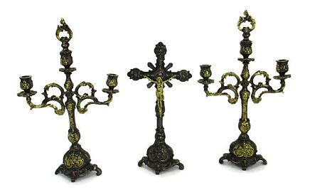 Impressive Altar Set Standing Crucifix with two Double Candelabras  Ornate Embossed Brass WOW