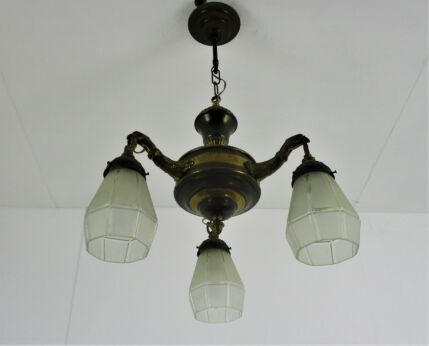 Gothic Brass Dragon Heads 3 Arms Lights Chandelier Lamp Art Deco Glass Shades