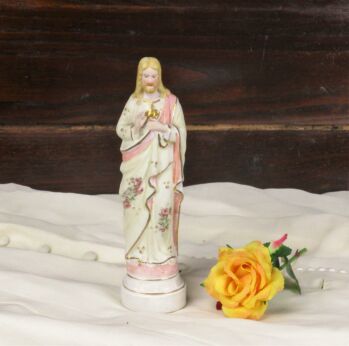 Lovely Antique Small Statue Jesus Christ Holy Heart Bisque HTF Collector 7.48"