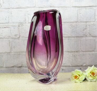 Large Vintage Cranberry   Val St Lambert Art Glass Crystal Vase Signed