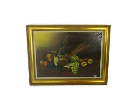 Oil Painting Canvas Framed   Still life Bouquet of Fruit  Pheasant Signed A M 1972