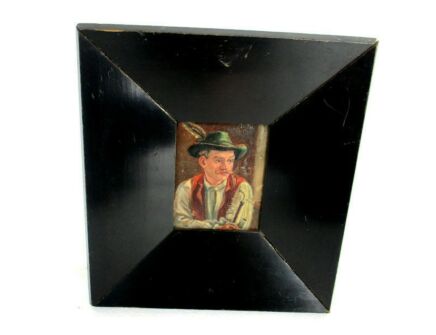 Miniature Oil Painting on Wood Framed Swiss man smoking Pipe Signed Roth Lovely