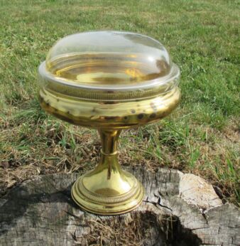Vintage Brass Communion dish Bowl Tray Etched Glass Lid Catholic Church