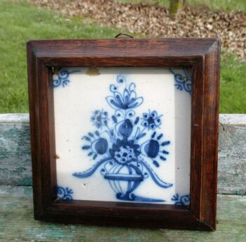 Antique 18th C. Delft Tile Dutch Blue White Flower Still Life Framed