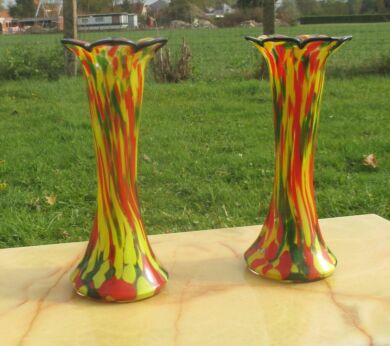 vintage Murano Art Glass Couple Vases Milefiori Bright Colours Yellow Green Red