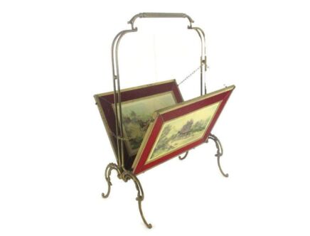 Foldable Brass Ornate Magazine Newspaper Basket Hollywood Regency Victorian Scenes Carriages
