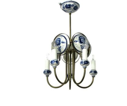 Delft Blue White Porcelain Brass Chandelier Dutch 5 Arm Lights HTF Medallions