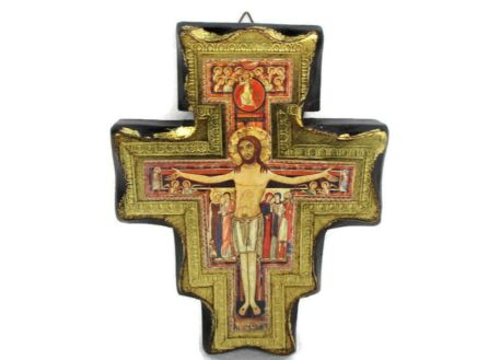 Florentine Wood San Damiano Wall Hanging Crucifix Jesus Christ Gold Gilt Rare 7.95"
