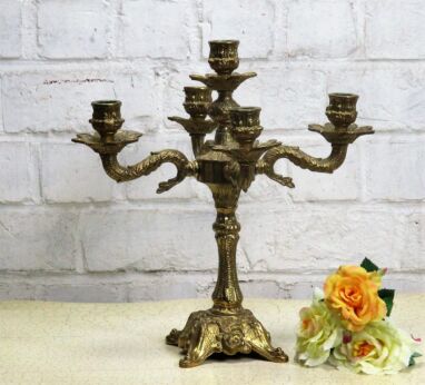 Antique Vintage Gorgeous Brass Ornate Candle Holder Candelabra 5 arm 12.59"H
