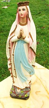 French Flemish Antique Plaster Virgin Mary Madonna statuette Rosary 16.5"