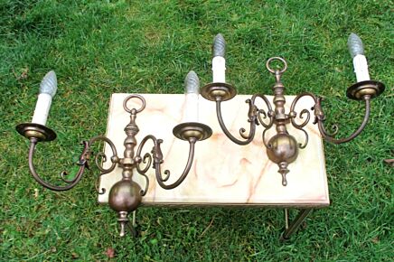 Couple vintage Flemish Dutch double light wall lights sconces Brass