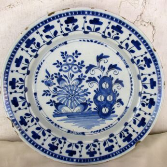 Antique 18th Century Large Delft Charger Plate Blue White Unusual Flowers