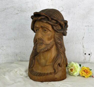 Bust Jesus Christ Church Plaster Statue Crown of Thorns Brown Sculpture 22.05"
