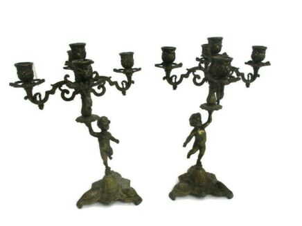 Pair Couple Vintage Spelter Brass look Ornate 5 Arm Candle Holder Candelabra Putti Gorgeous