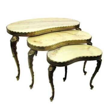 Set of 3 Nesting Coffee Side Tables Marble Bras Kidney Shape era Maison Janssen