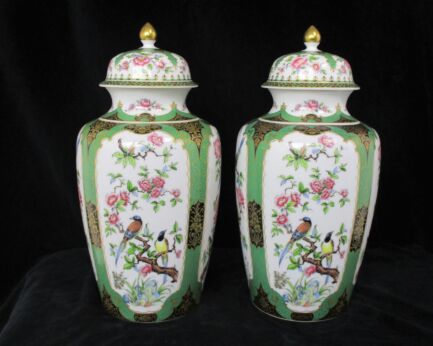 Couple Pair Vases Urns Lidded Marked Kaiser Manchu Germany Flowers Birds Lovely Vintage