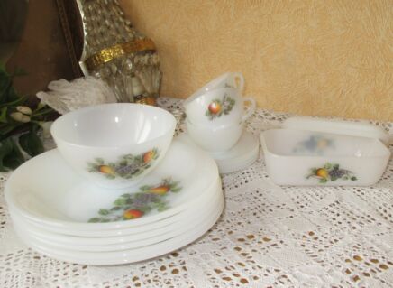Vintage Arcopal France Breakfast Set Fruits de France Butter Dish Bowl Plates Cups & Saucers 14 pieces