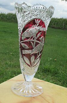 Beautiful Red Crystal Vase Cut to Clear Birds Leaves Stunning 10.24"