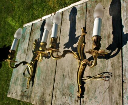 Pair of Vintage Brass Two-Arm Double Ornate Wall Sconces