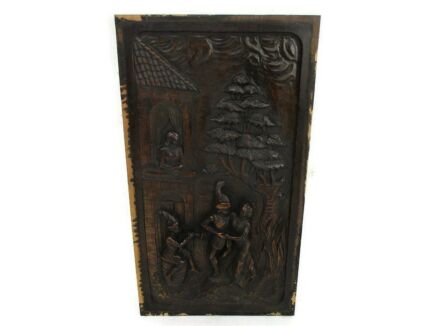 Breughel Scene Festive Hand Carved Wood Wall Panel Bas High Relief Tableaux