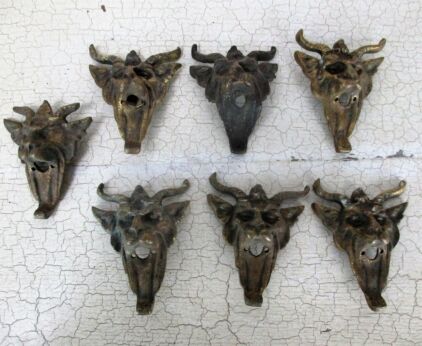 7 pcs Antique Cast Brass Gothic Heads Goats Furniture Trim Hardware Reclaimed