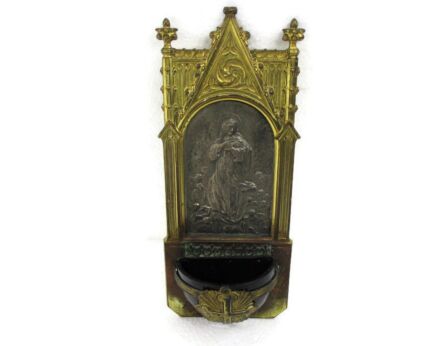 Holy Water Font  Our Lady's assumption Angels Tabernacle Wall Hanging Lovely  Spelter or light Brass Vintage Collector