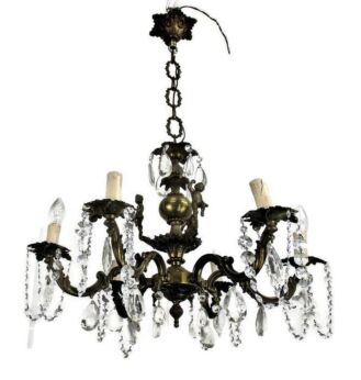 Hollywood Regency Chandelier Crystal Prisms 6 arm Putti Brass Bronze French