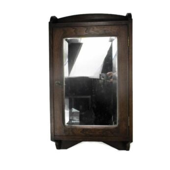 Vintage Wooden Kitchen Apothecary Wall Cabinet Mirror Beveled Glass Mid Century