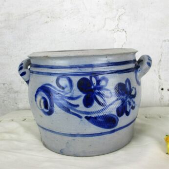 Antique French Stoneware Earthenware Crock Jar Lard Cobalt gray Decorative