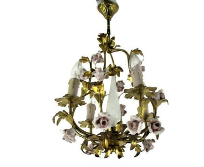 Italian Chandelier 4 arm Lights Ornate Brass  Leafs Pink Porcelain Flowers Basket Beautiful
