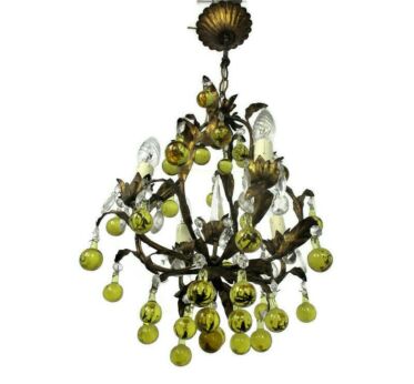 Bohemian Chic Chandelier Green clear Prisms Wrough Iron Art Glass Vintage Lovely