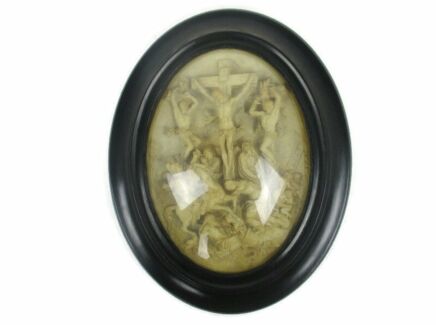 Antique Ornate Frame Convex Glass Dome Wood Jesus on Cross with two thieves