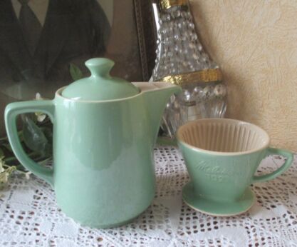 Melitta Mint Green Coffeepot Teapot Filter Vintage Stoneware Germany 1940s