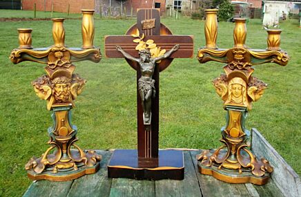 3 piece Ornate Altar Set Art Deco Wood Brass Crucifix Candlesticks Vintage