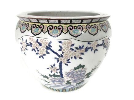 XL Vintage Chinese Porcelain Enamel Famille Rose Koi Fish Bowl Planter Vase  Cachepot Flowers Tree Enamel  Stunning