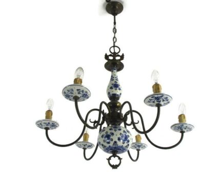 Dutch Delft Blue White Porcelain Ornate Brass Chandelier 6 Lights Arm Farmhouse