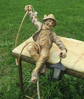 European Folk Art handmade Carved Wood Figurine Man Lantern Lighter