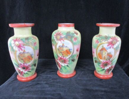 set of 3 antique vases garniture set hand painted art glass ormolu flowers castle