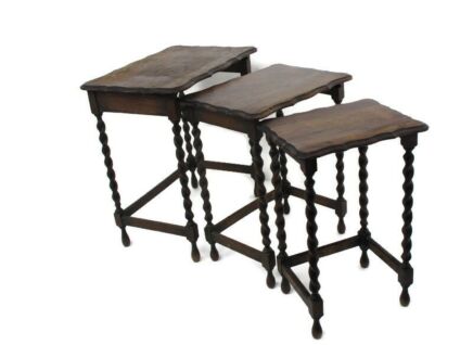 3 Vintage Barley Twist Nesting Side Stacking Tables Hand Carved Wood Barn Country Farmhouse Style