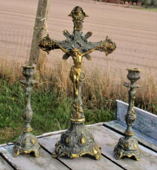 Antique Altar Set Crucifix Candle stick holders Ornate Church Brass Gorgeous WOW